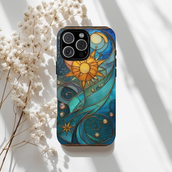 Celestial Sun Stained Glass IPhone 16,15,14,13 (Pro Max,Pro,Plus) Phone Case - Picture 1 of 13